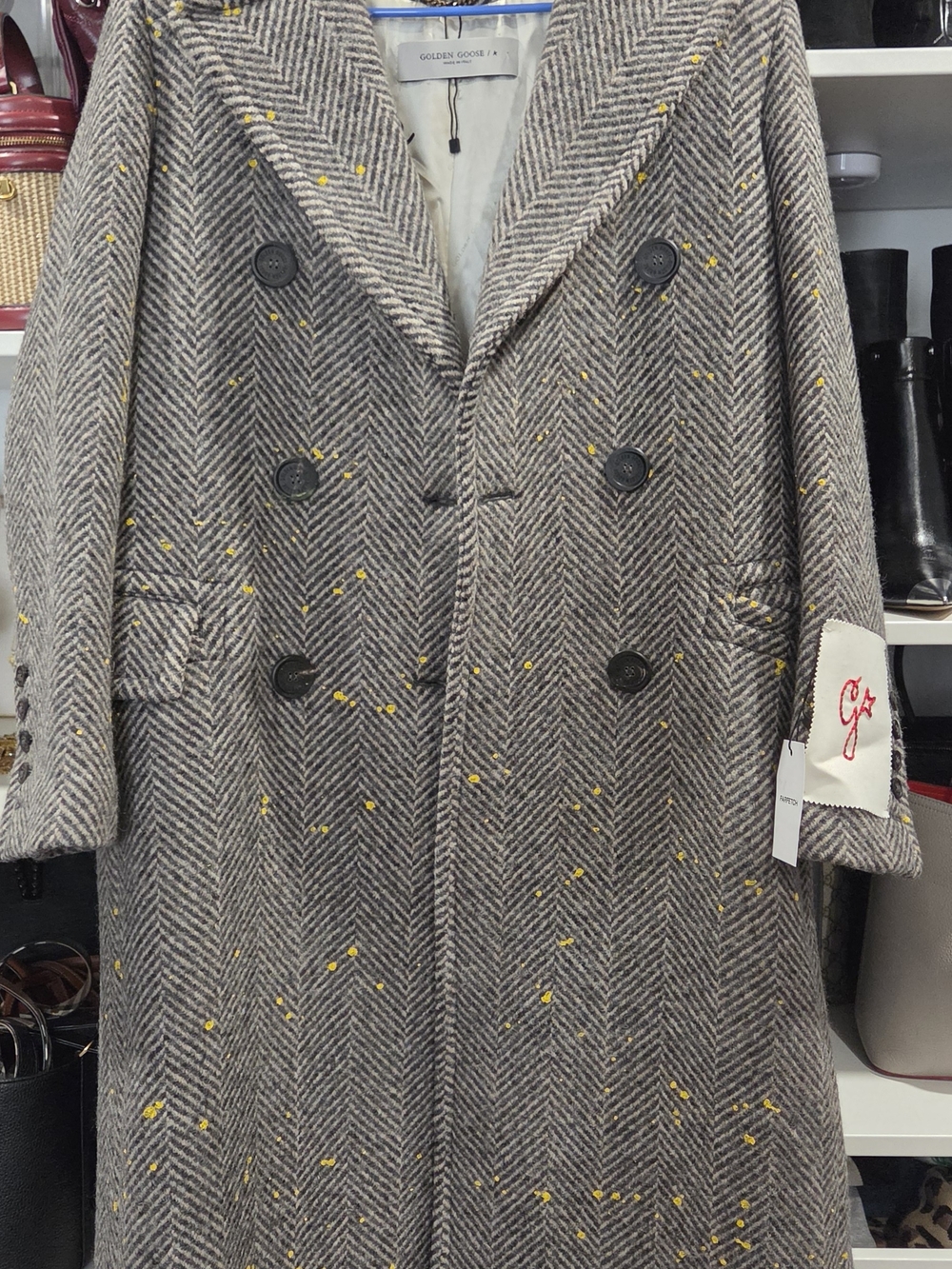 Golden Goose Double-Breasted Herringbone Wool Coat – Brown/Gray